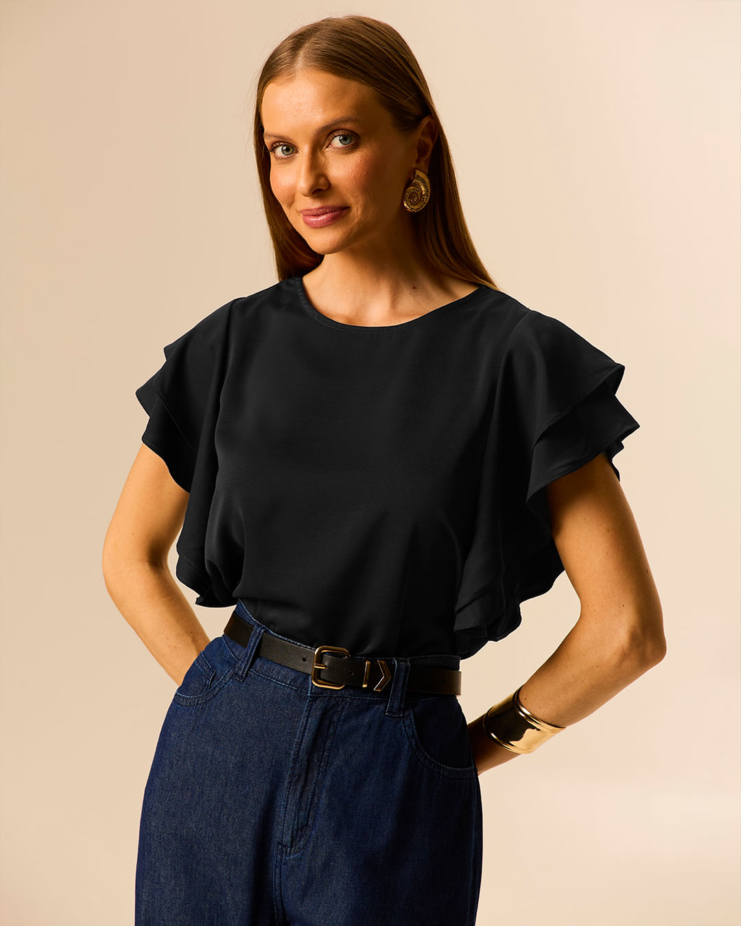 Blusa Feminina Manga Babados Em Tecido Crepe - Preto - M