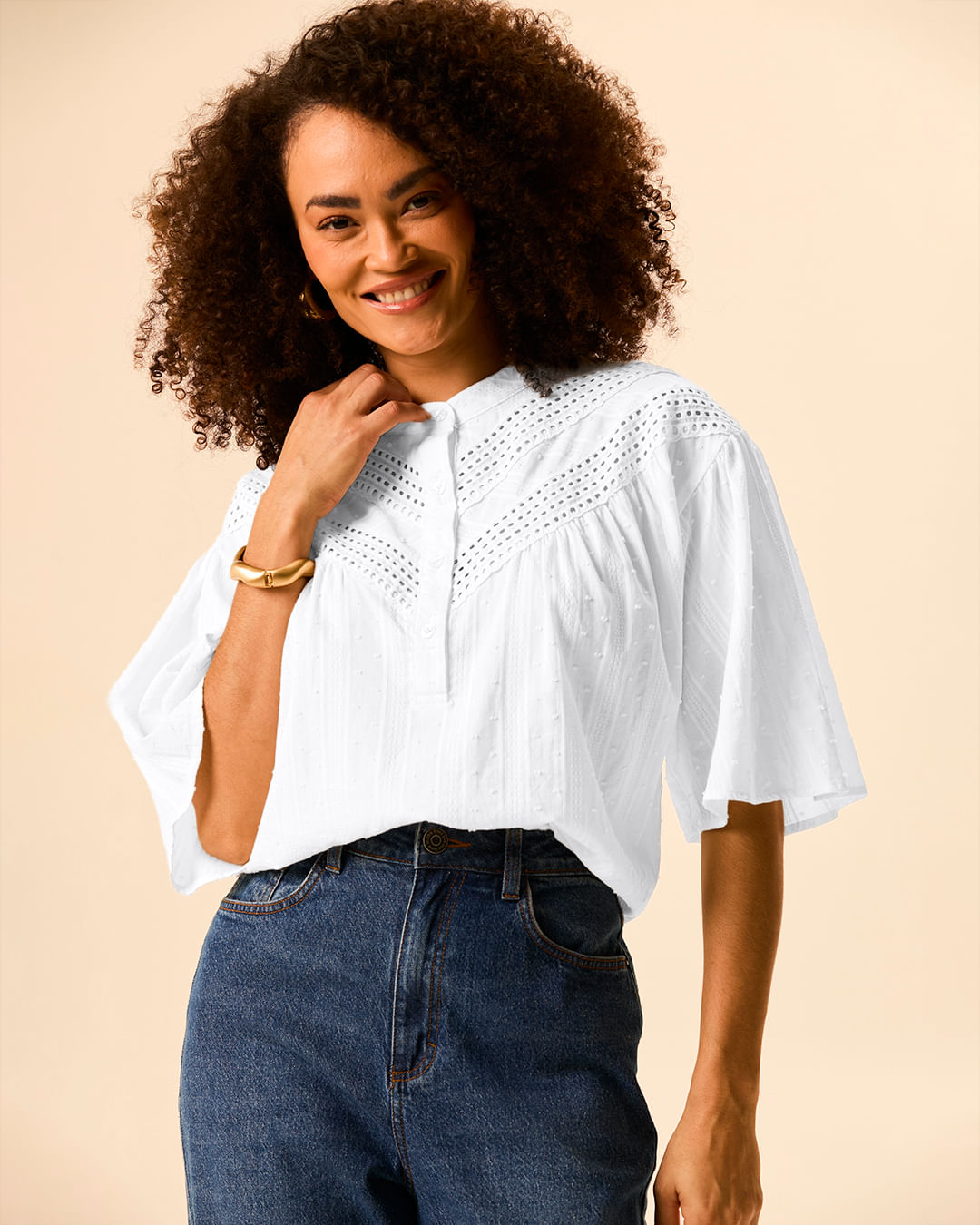 Blusa Bata Feminina Botões Frontais Manga 3/4 Em Algodão Leve - Branco - M