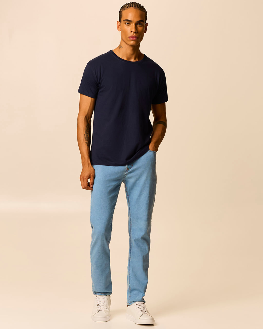 Calça Slim Masculina Cintura Média Bolso Funcional Em Jeans Stretch - Azul - 46