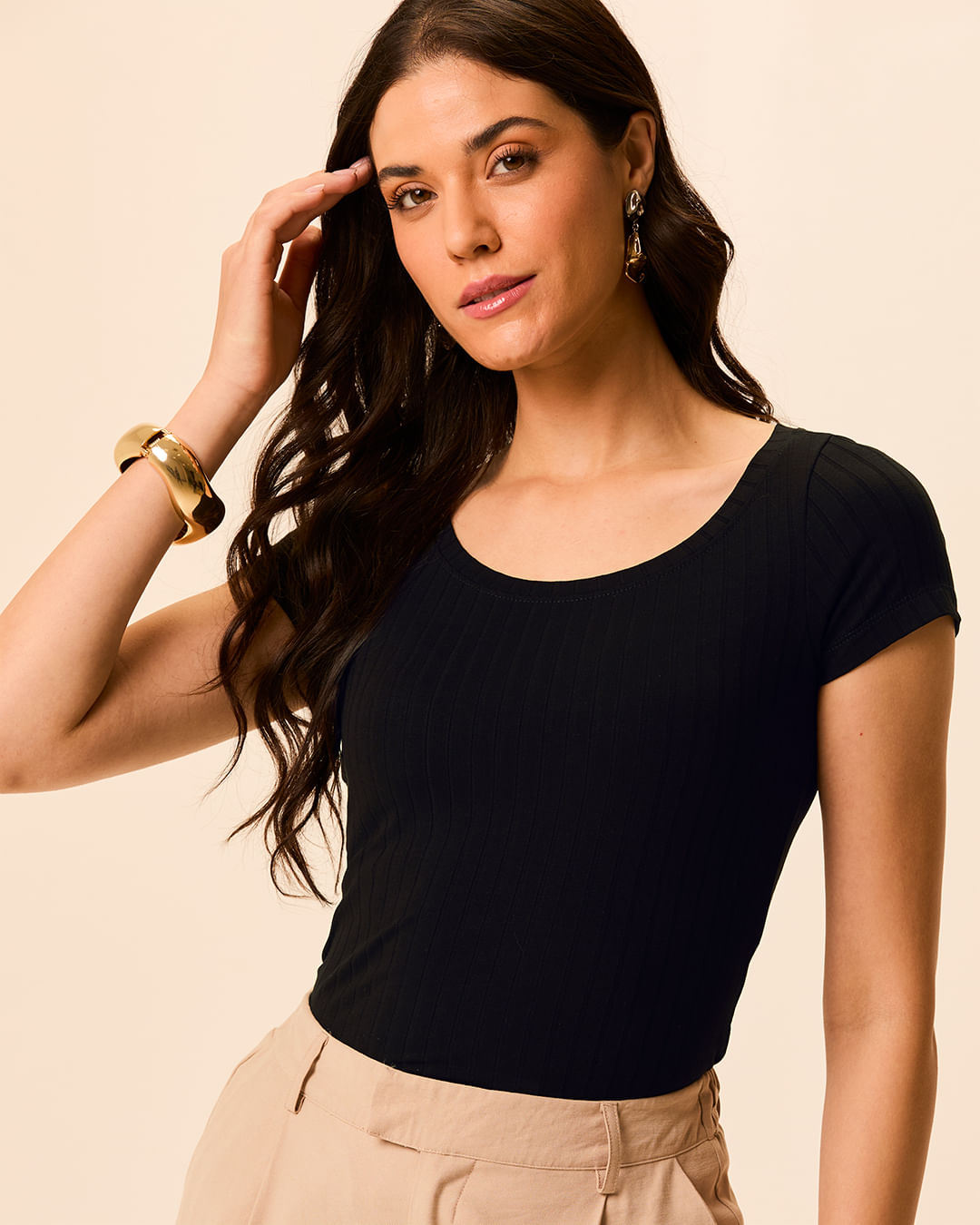 Blusa Básica Feminina Slim Em Malha Viscose Canelada - Preto - XGG