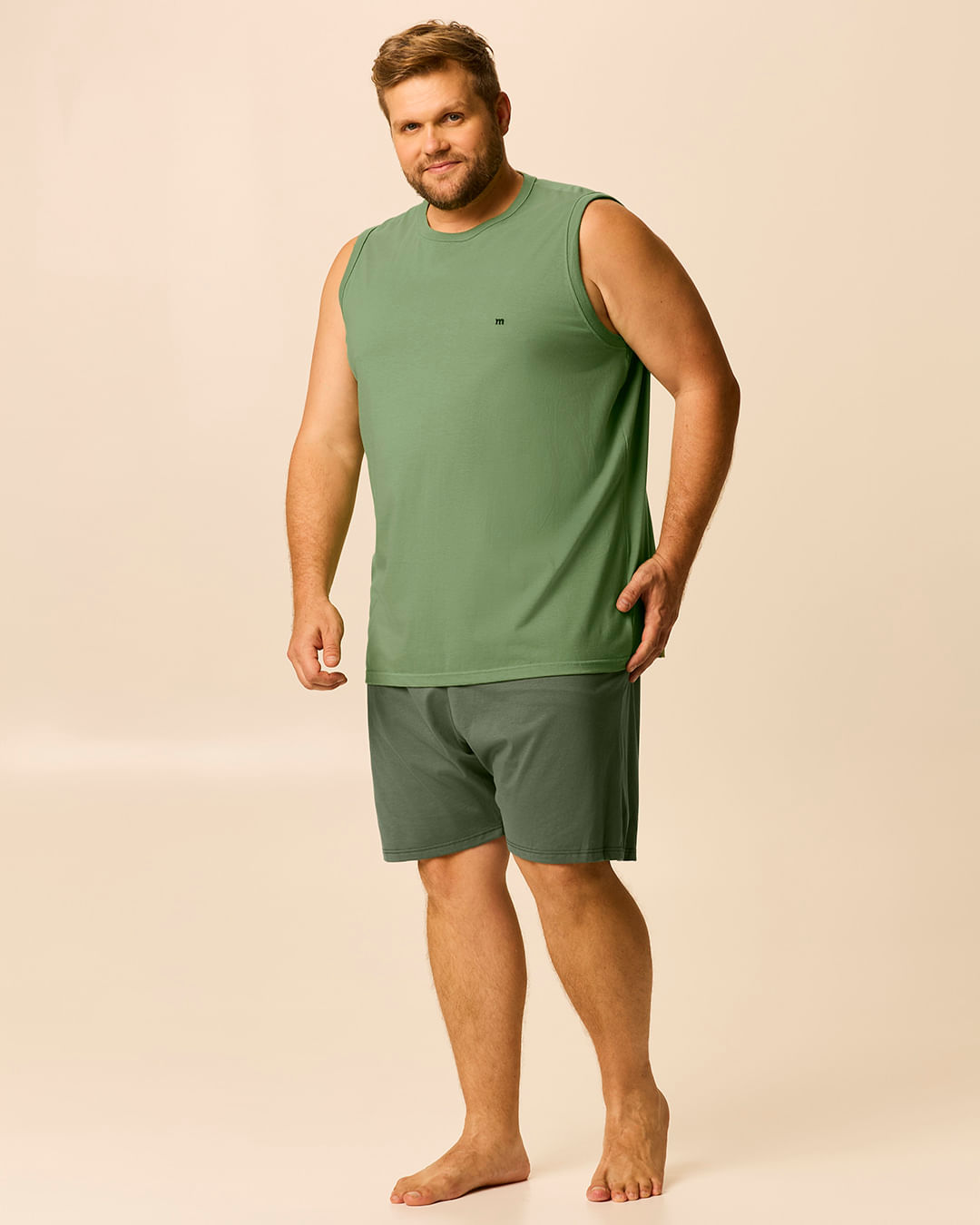 Pijama Curto Masculino Plus Size Regata Alça Larga E Bermuda Em Malha Algodão - Verde - G3
