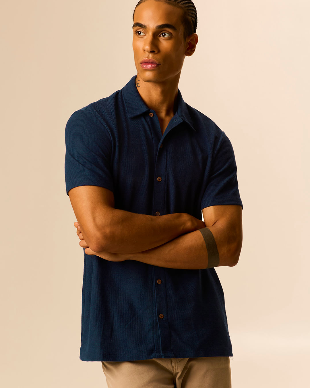 Camisa Masculina Regular Gola Clássica Manga Curta Em Malha Texturizada - Azul - P