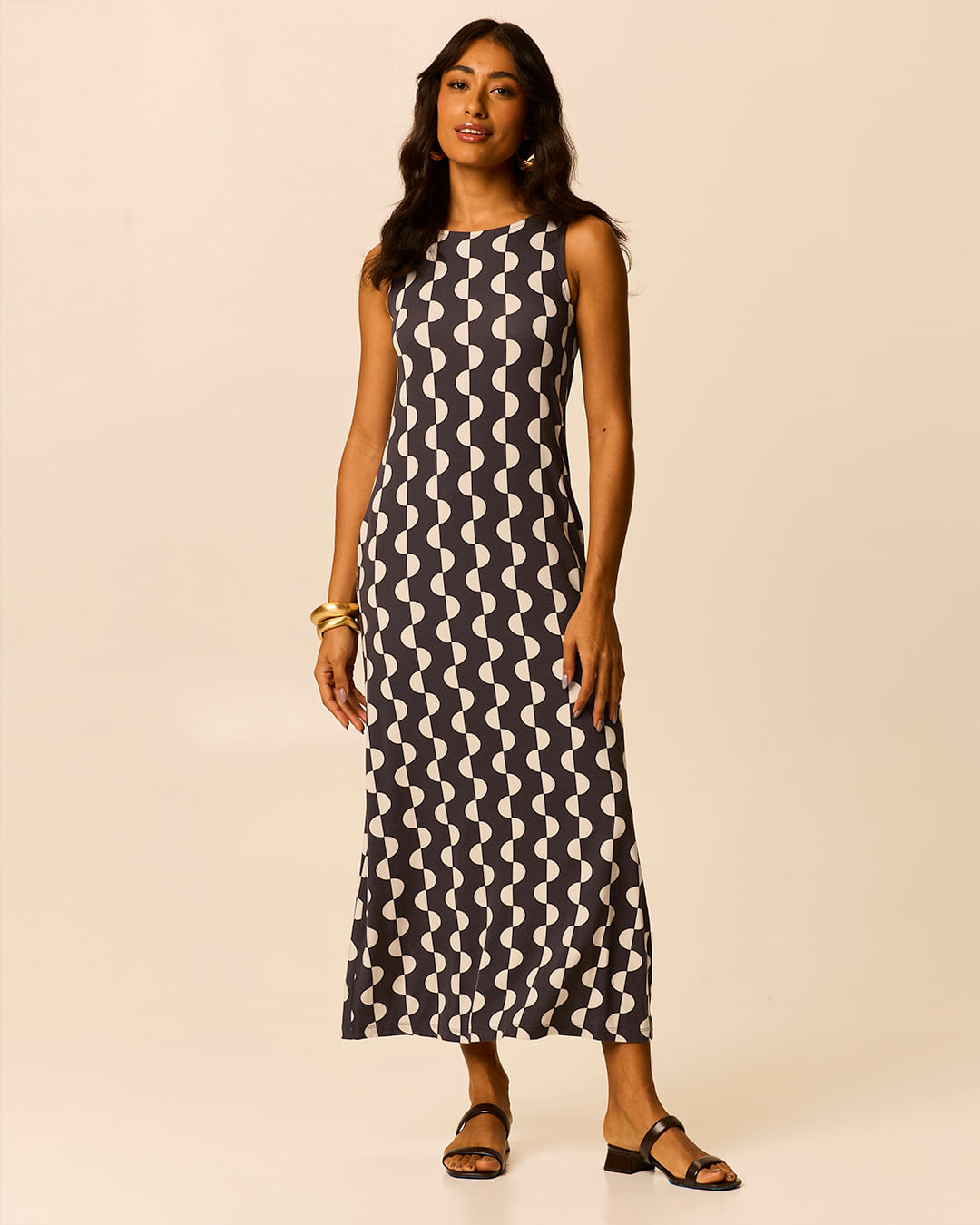 Vestido Midi Feminino Amplo Estampado Bolso Lateral Em Viscose Stretch