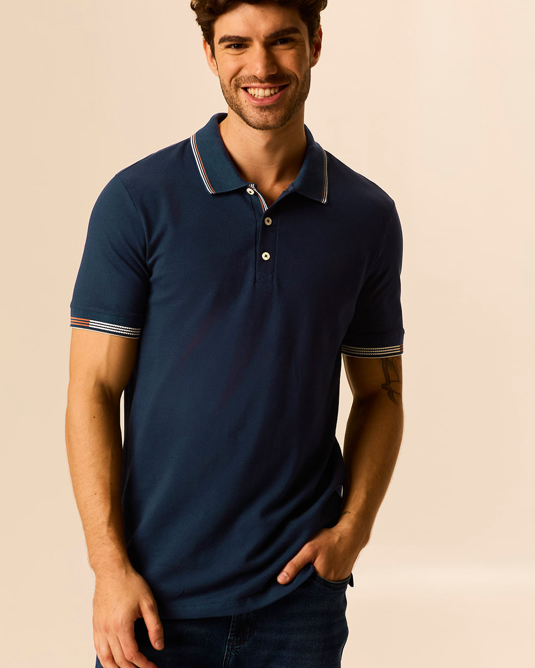 Camisa Polo Masculina Slim Detalhe Costura Retilínea Em Piquet Stretch - Azul - XGG