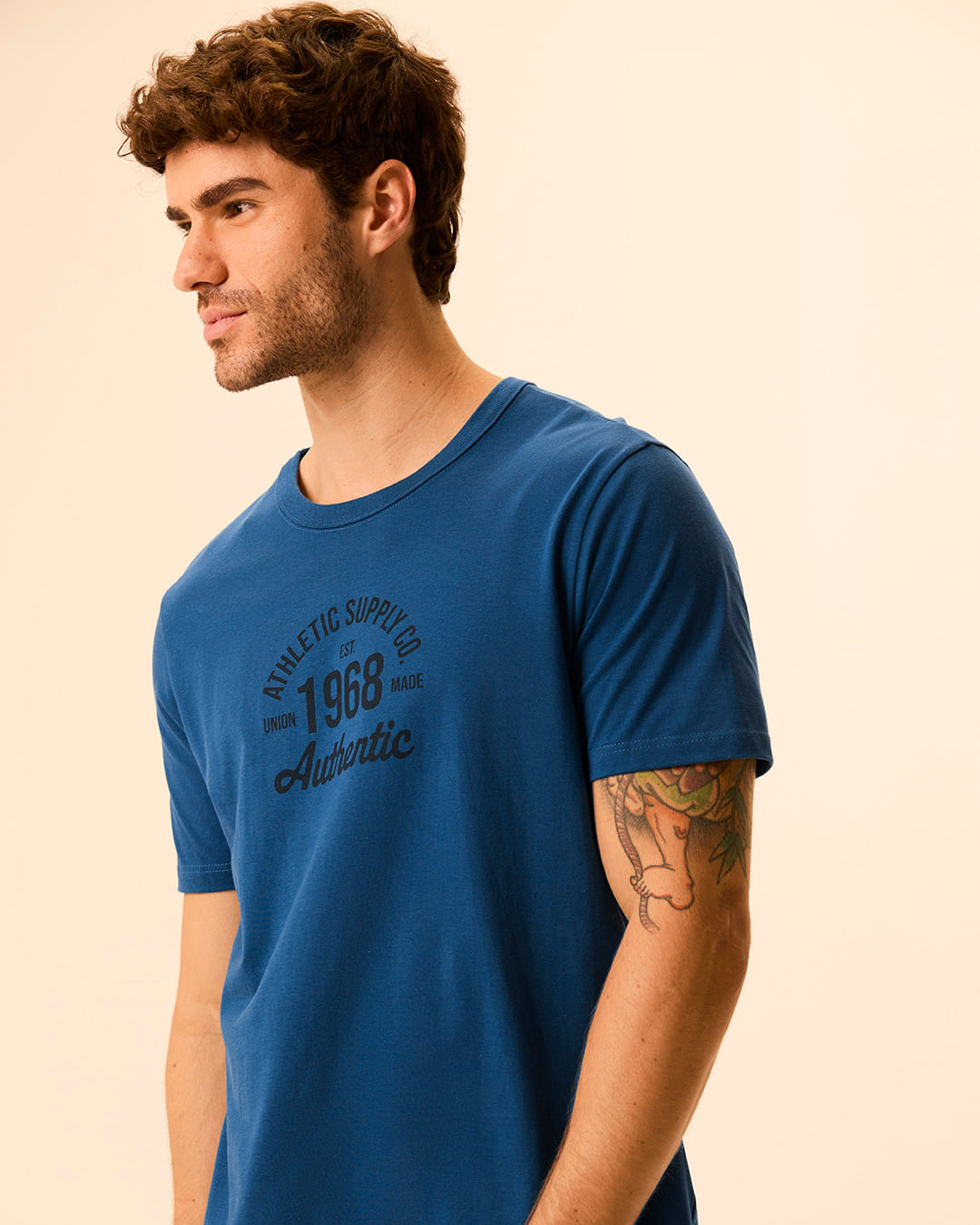 Camiseta Masculina Slim Manga Curta Estampas Variadas Em Algodão - Azul - P