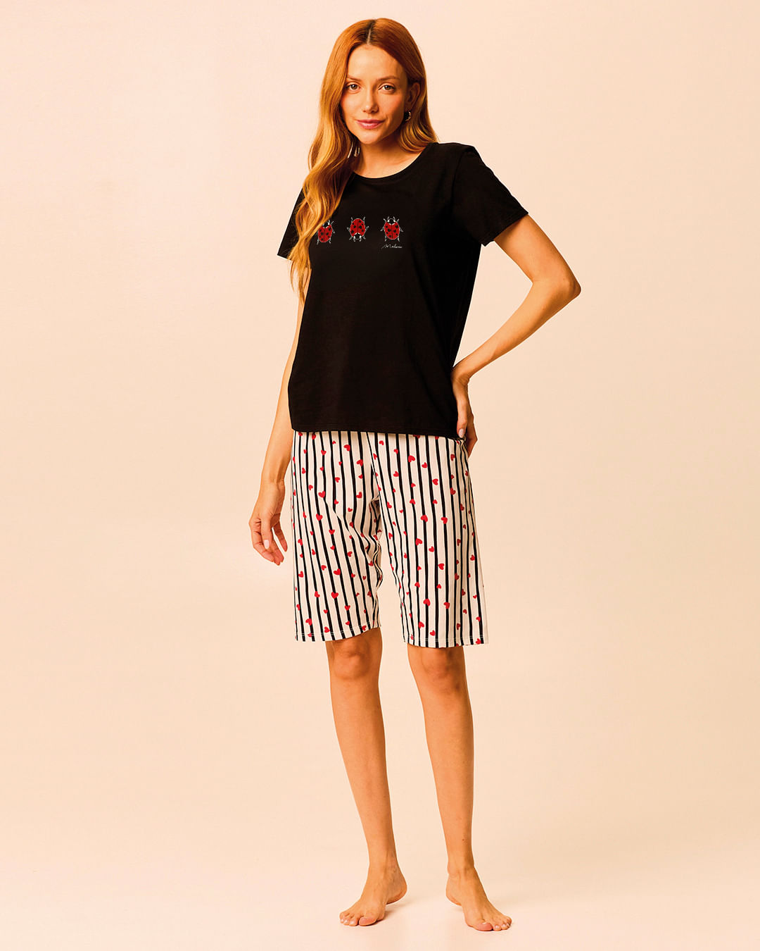 Pijama Curto Feminino Camiseta E Bermuda Estampada Em Malha Algodão