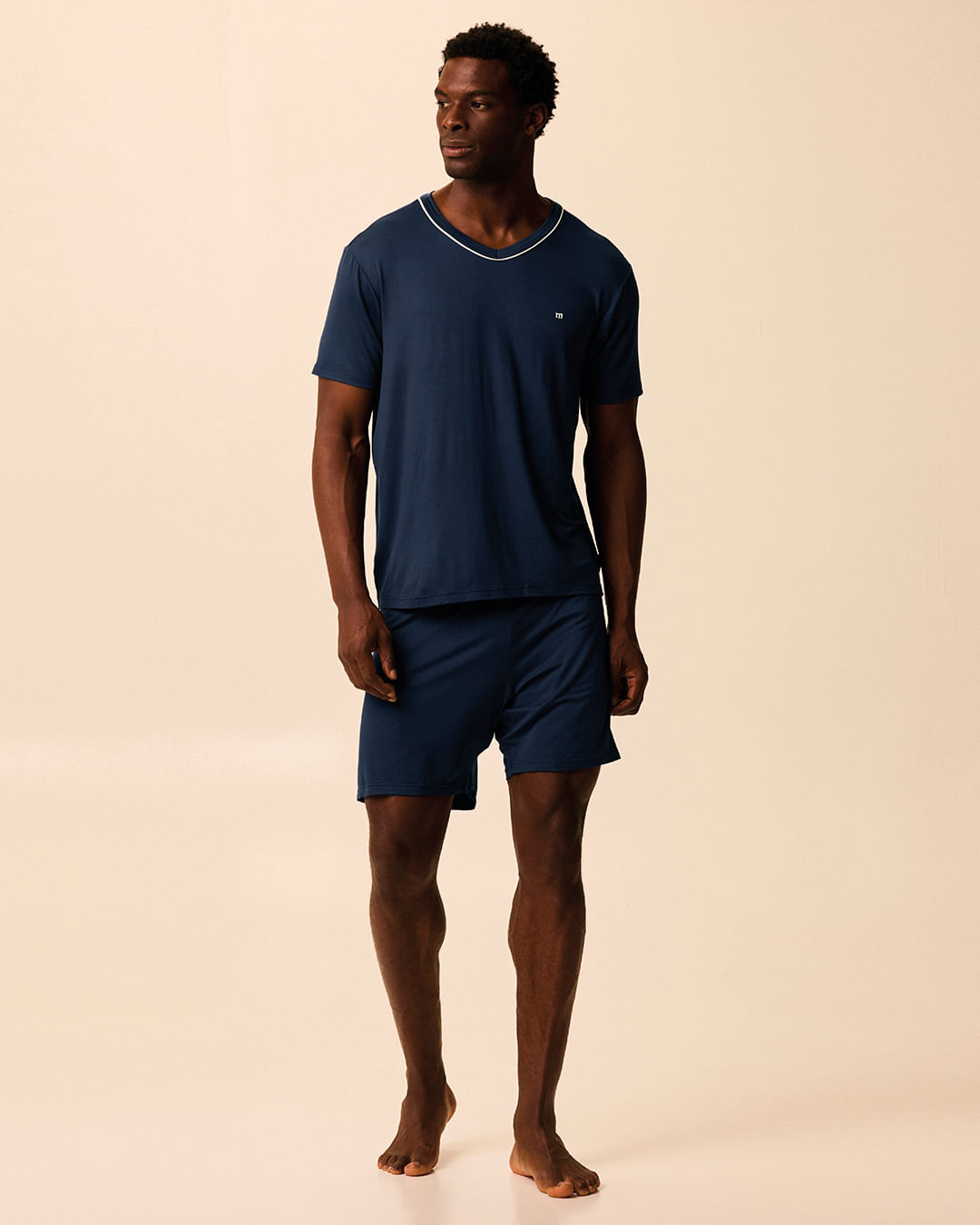 Pijama Curto Masculino Camiseta Decote V Costura Contraste Em Viscose Stretch