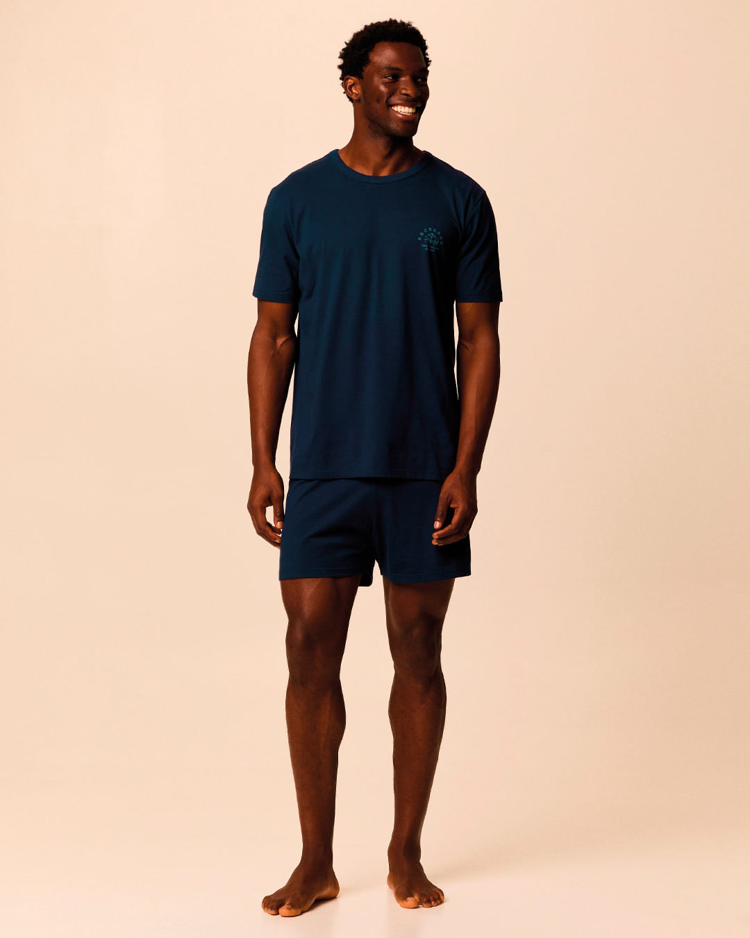 Pijama Curto Masculino Estampa Lettering Frontal Em Malha Algodão - Azul - GG