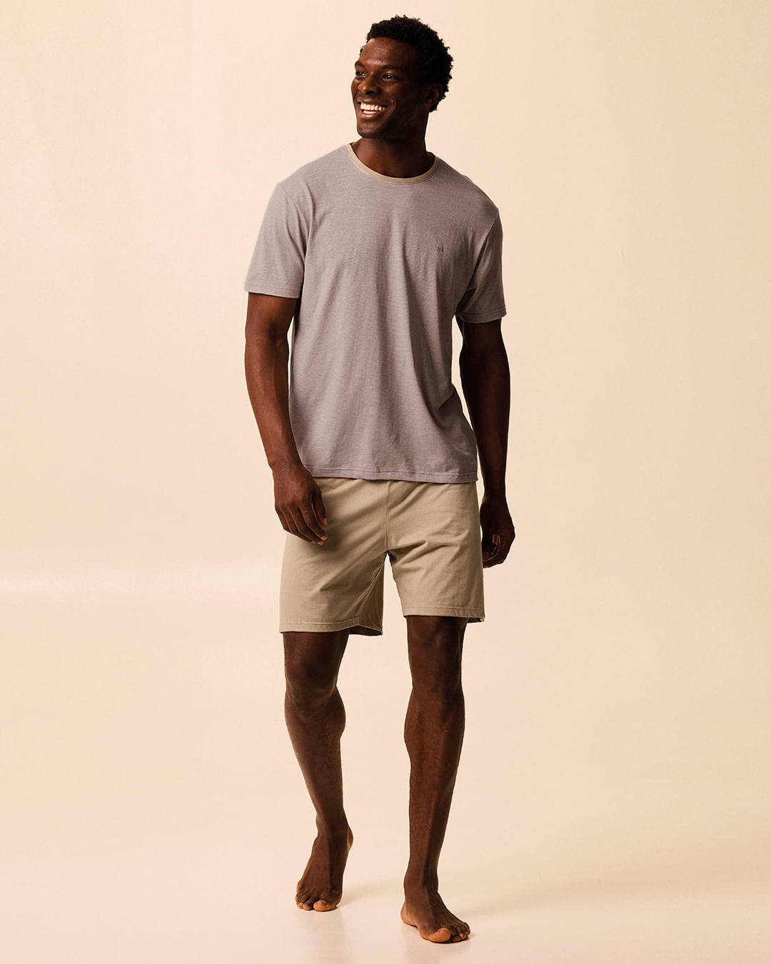 Pijama Curto Masculino Camiseta Decote Redondo Em Malha Fio A Fio - Marrom - XGG