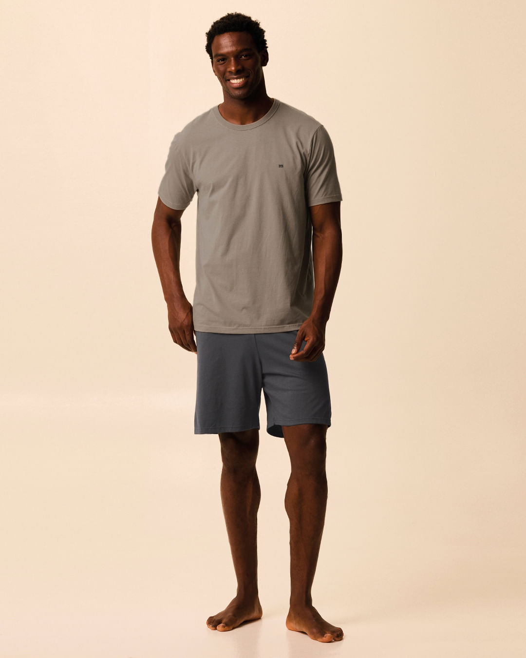 Pijama Curto Masculino Camiseta Bordado Único Em Malha Algodão