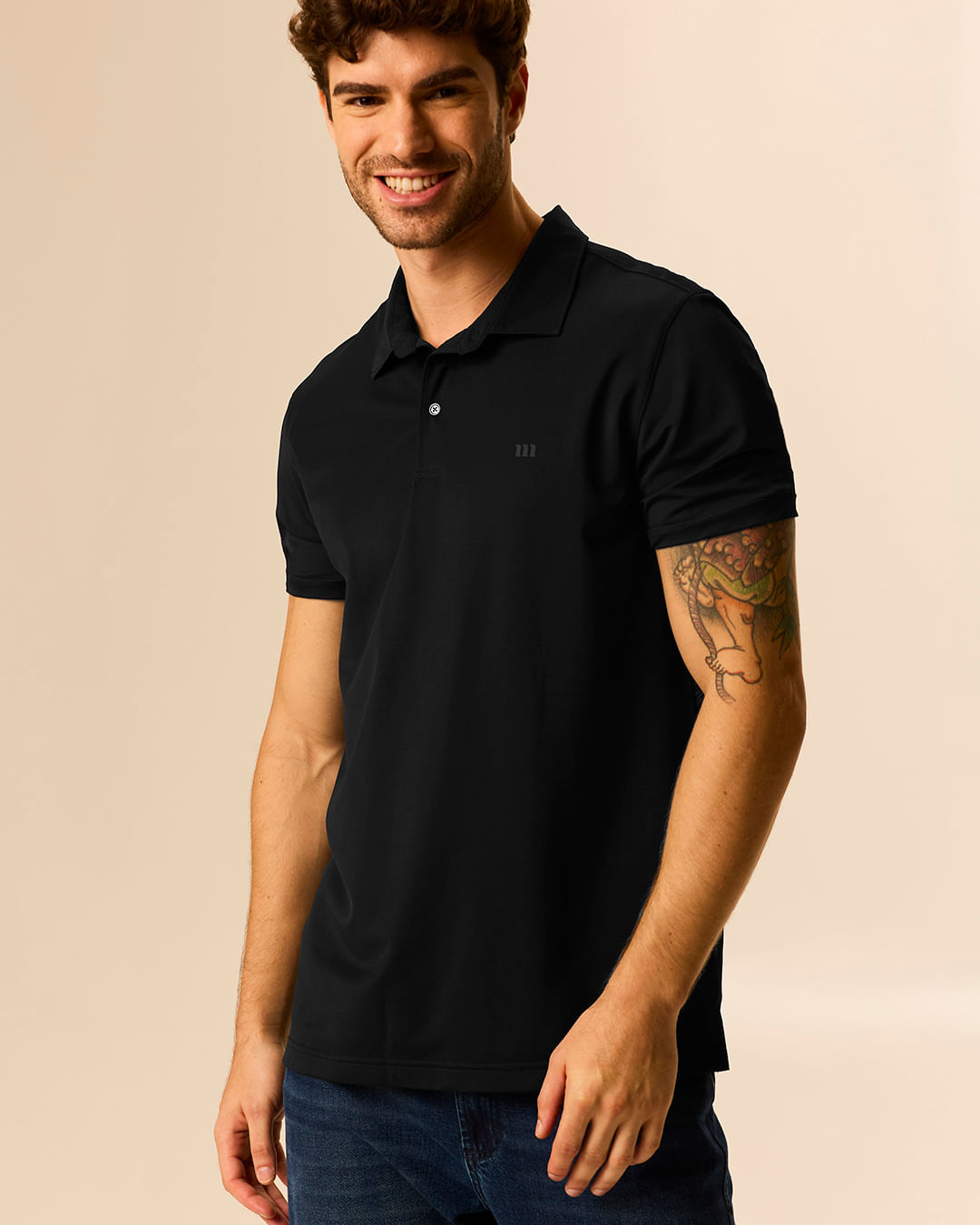 Camisa Polo Masculina Slim Aplique Termocolante Em Tecido Micro Birdseye - Preto - M