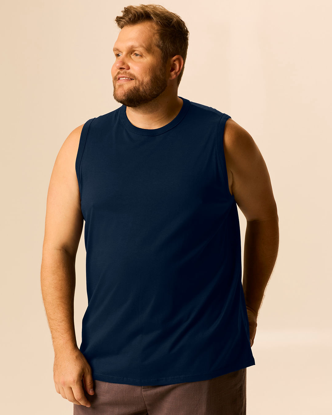 Regata Básica Masculina Plus Size Decote Redondo Alça Larga Em Algodão