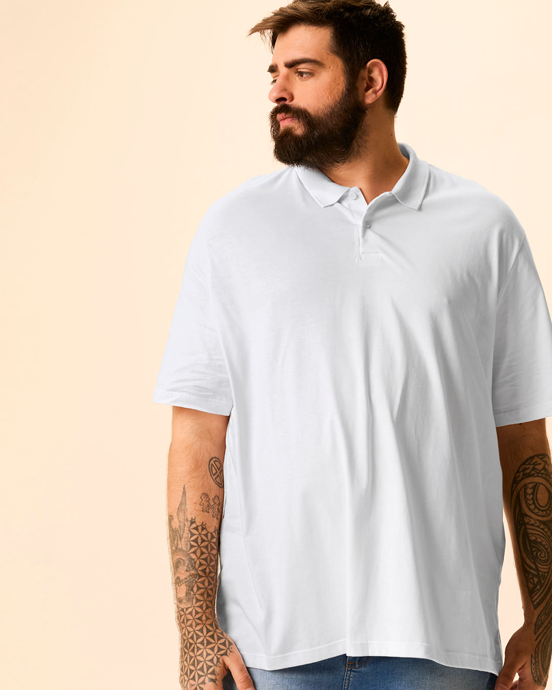Camisa Polo Básica Masculina Plus Size Peitilho Frontal Em Algodão - Branco - G2