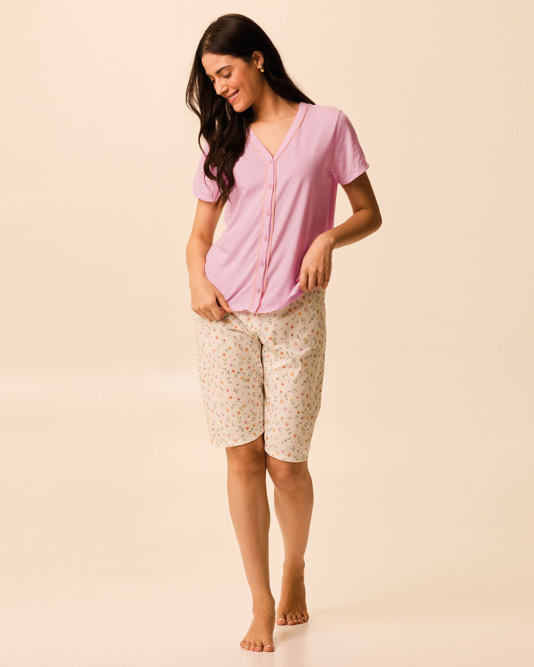 Pijama Curto Feminino Camisa Abotoamento Frontal E Bermuda Em Algodão