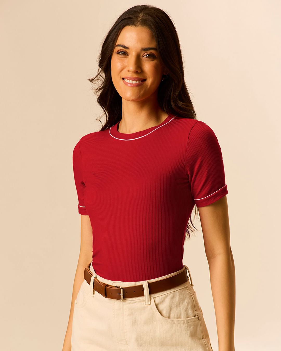 Blusa Básica Feminina Costura Contraste Em Malha Viscose Canelada - Vermelho - PP