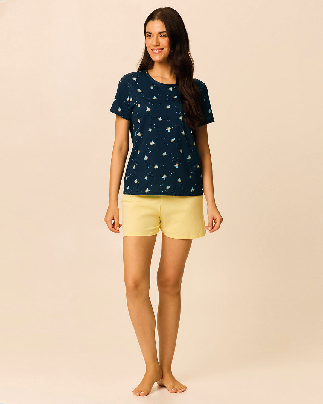 Pijama Curto Feminino Blusa Estampa Digital Em Algodão - Azul - XGG