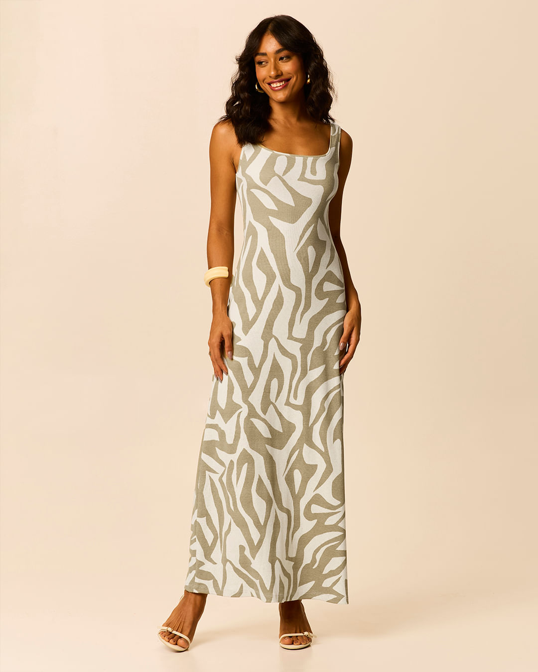 Vestido Midi Feminino Estampa Geométrica Decote Quadrado Em Ribana Linho