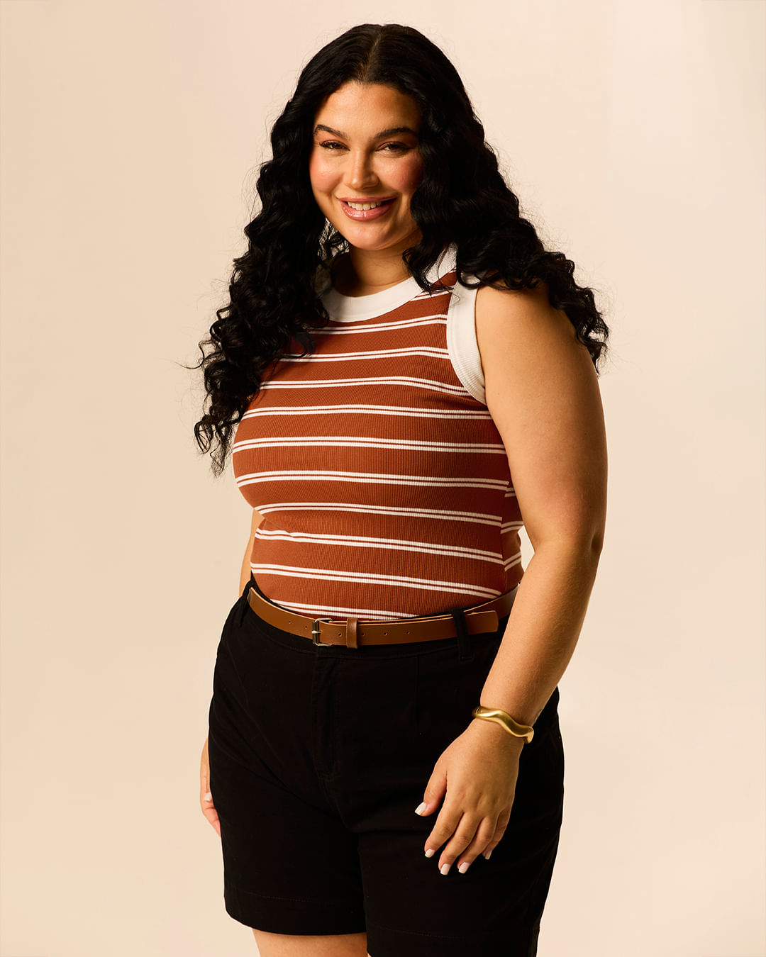 Regata Feminina Plus Size Justa Costura Contraste Em Ribana Listrada