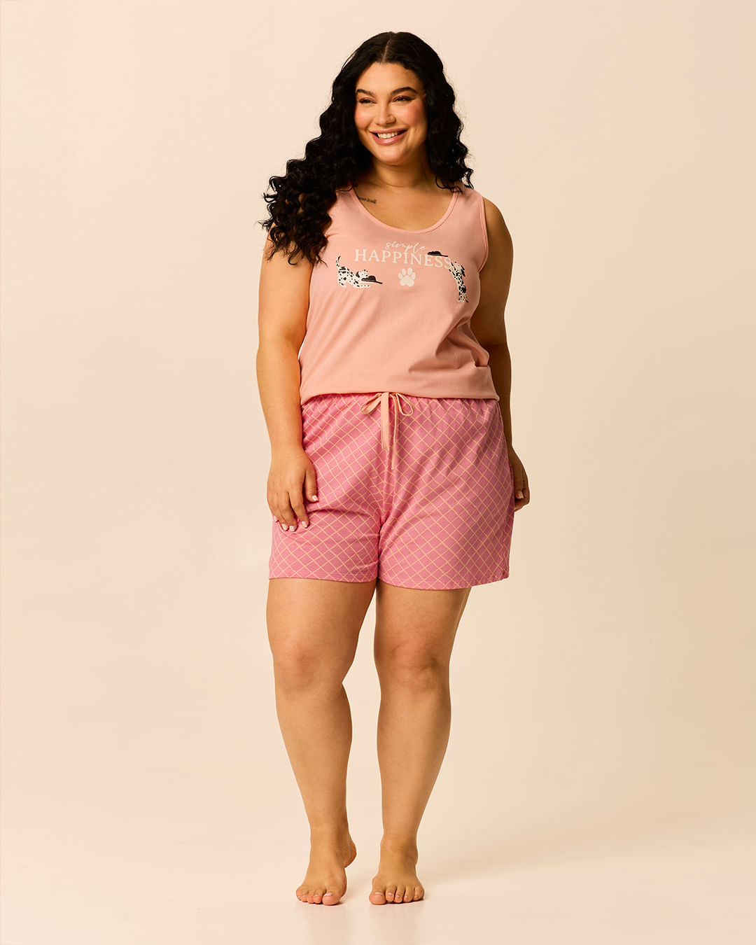 Pijama Feminino Plus Size Regata E Shorts Aplique Laço Em Algodão