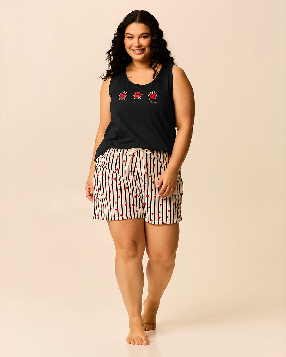 Pijama Feminino Plus Size Regata E Shorts Aplique Laço Em Algodão
