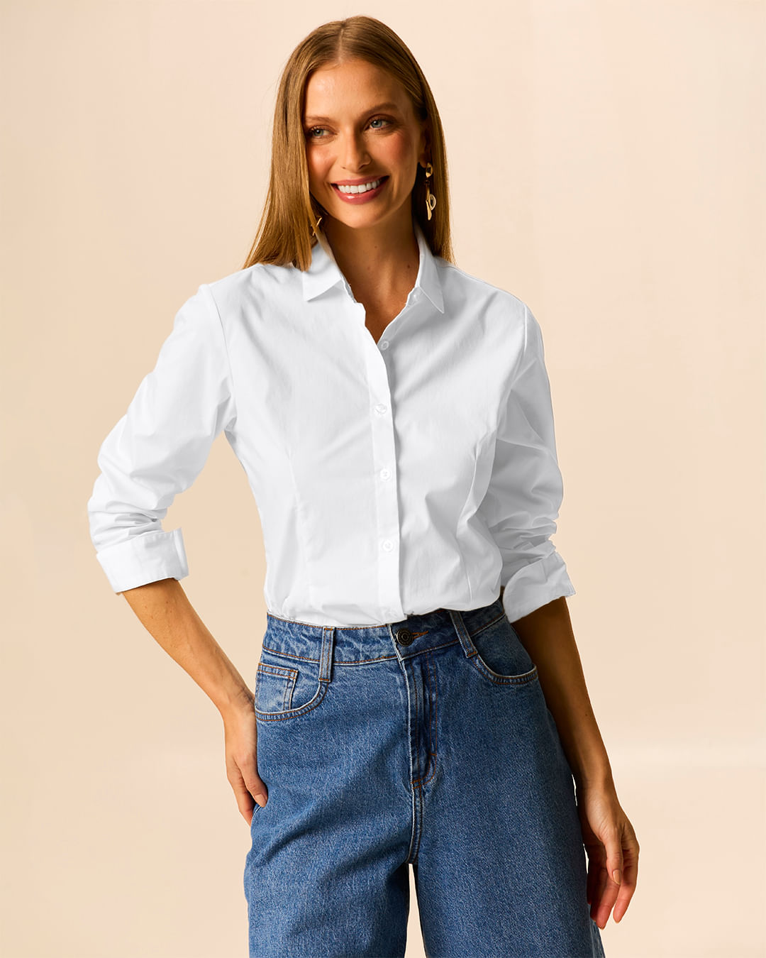 Camisa Básica Feminina Manga Longa Em Tricoline