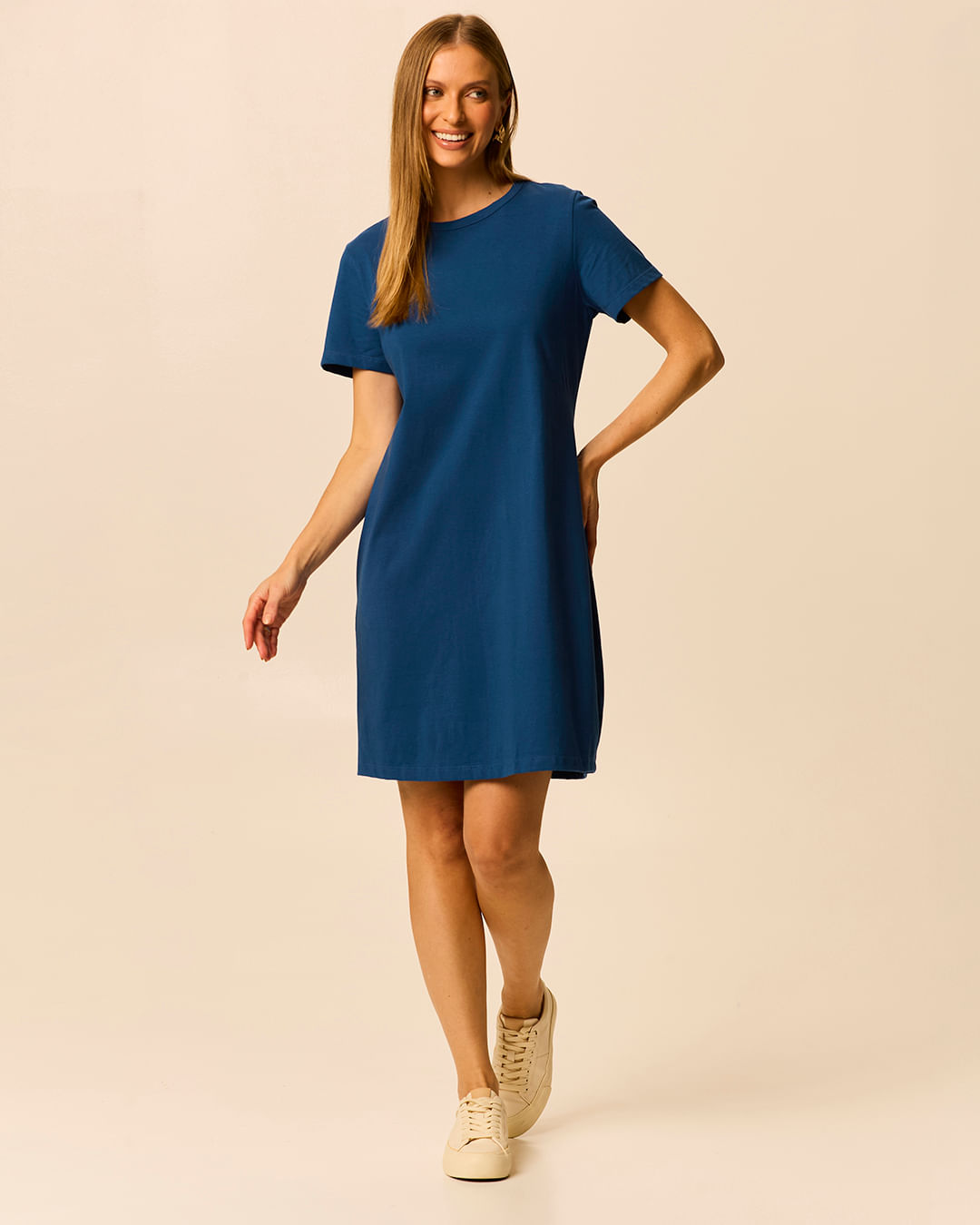 Vestido Feminino Com Decote Redondo Em Algodão - Azul - XGG