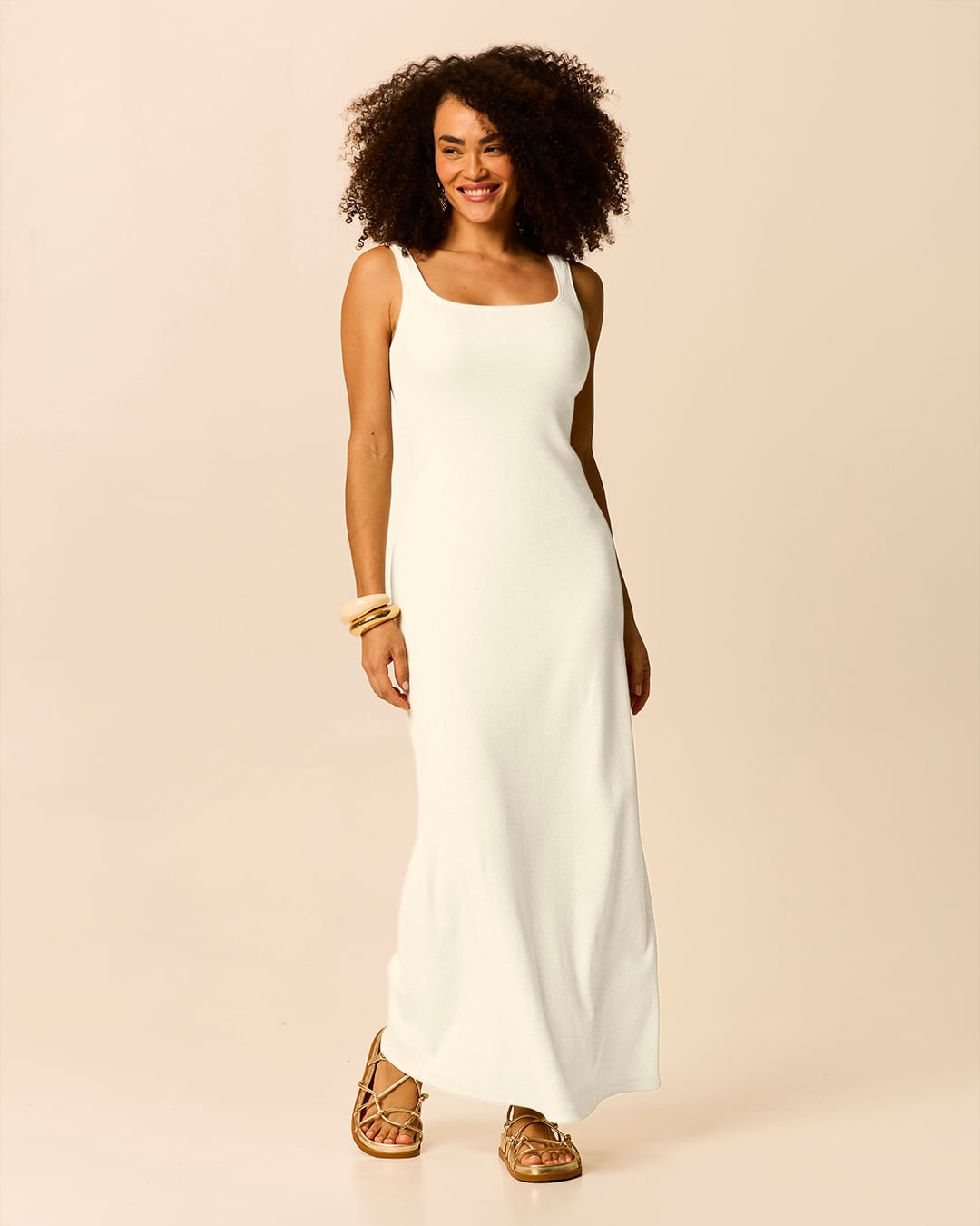 Vestido Midi Feminino Decote Quadrado Em Ribana Linho