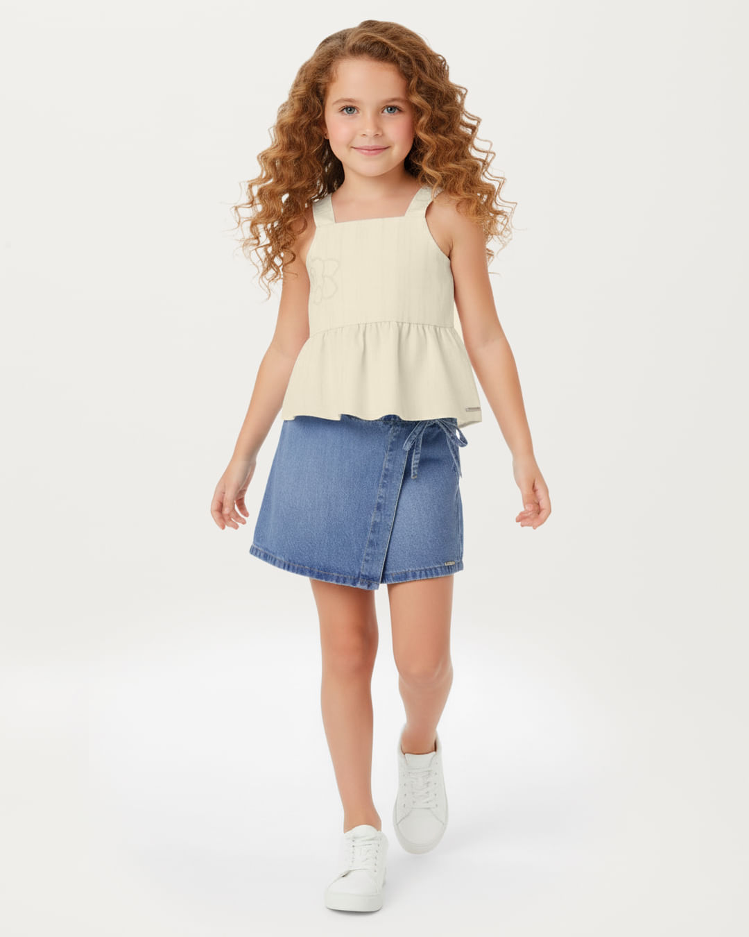 Conjunto Menina Regata Com Bordado E Shorts Saia Em Jeans - Carinhoso