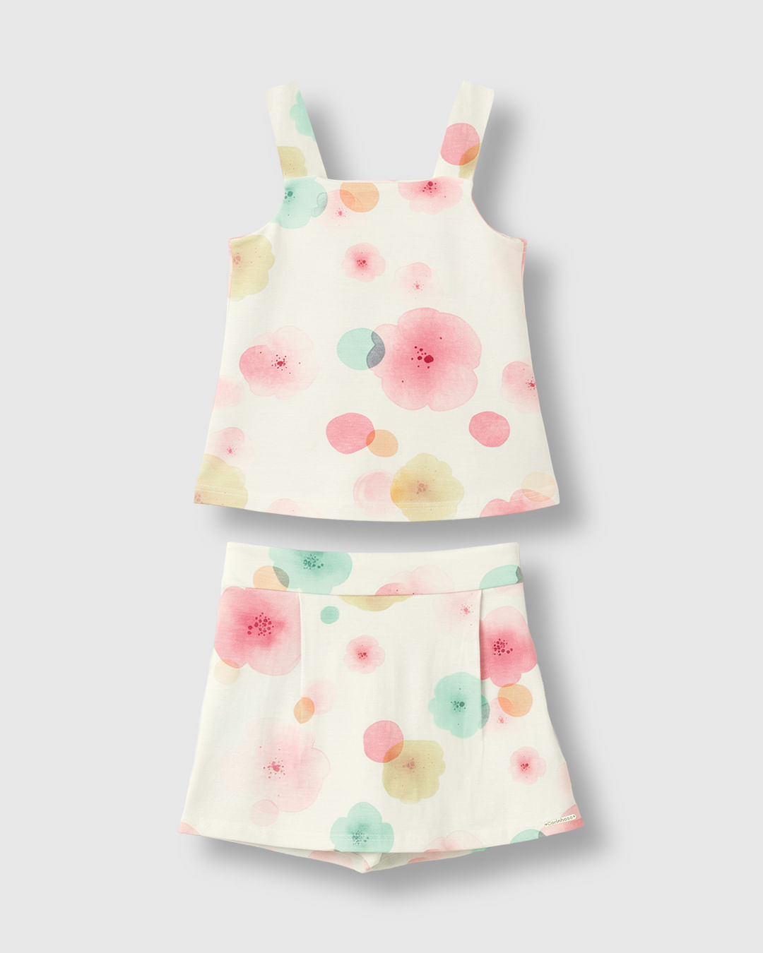 Conjunto Menina Floral Regata Laço Frontal E Shorts Saia - Carinhoso