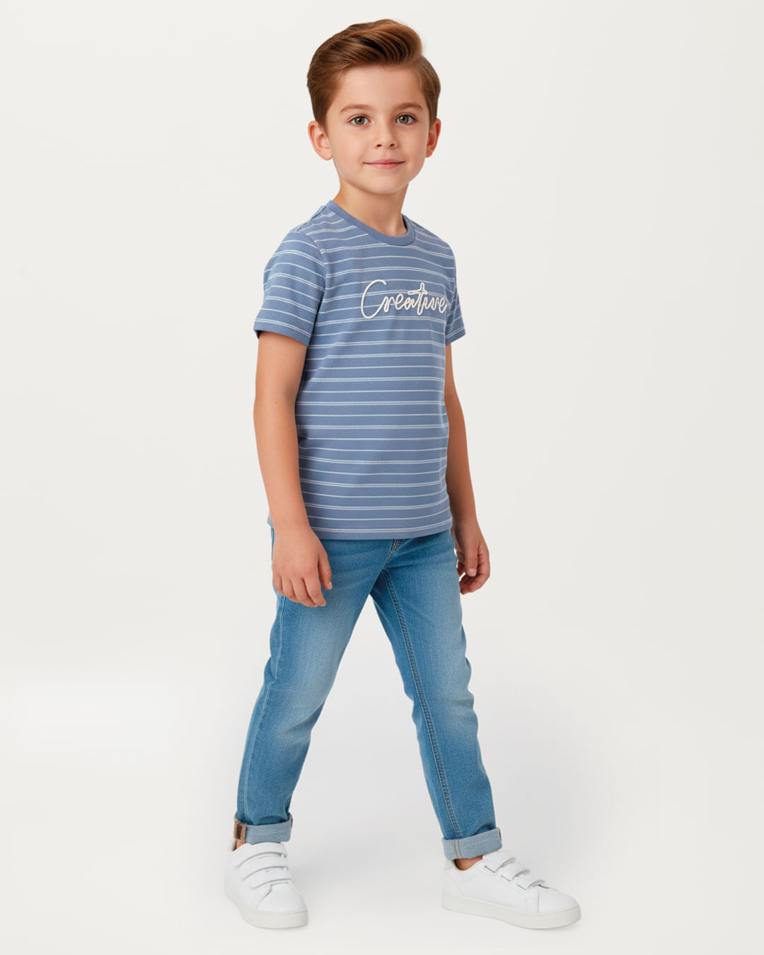 Camiseta Menino Bordado Creative Em Piquet Listrado Linho - Carinhoso - Azul - 8
