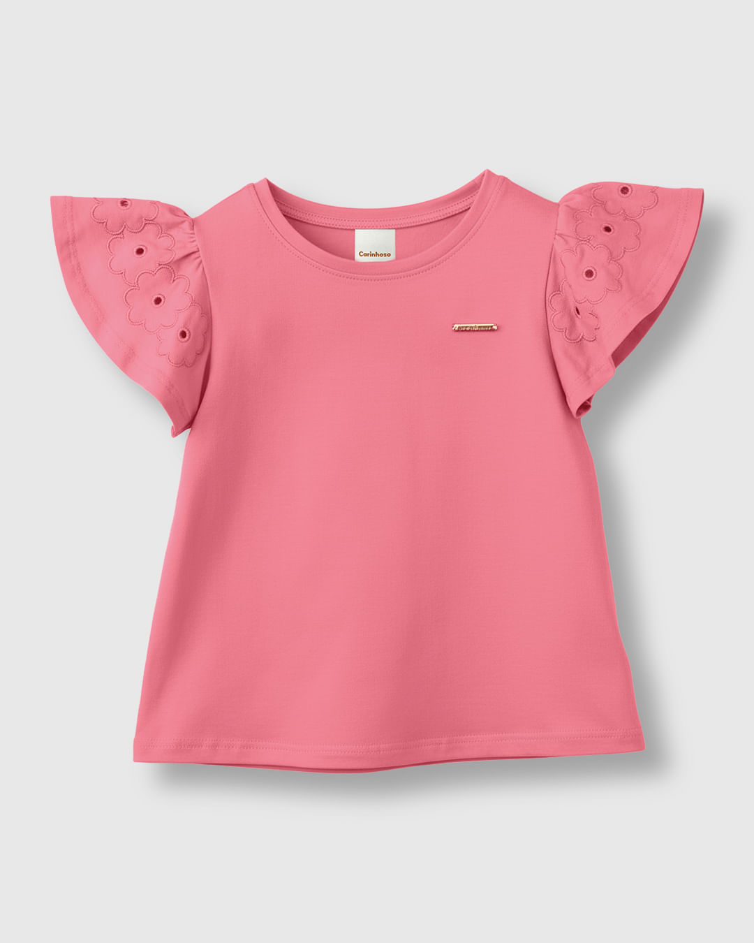 Blusa Menina Evasê Manga Franzida Com Bordado Malha Algodão - Carinhoso - Rosa - 8