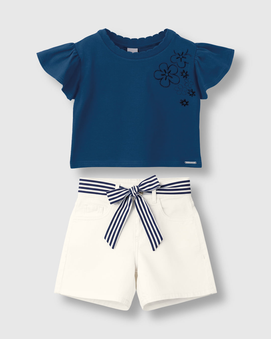 Conjunto Menina Shorts Com Cinto Listrado Em Sarja Stretch - Carinhoso