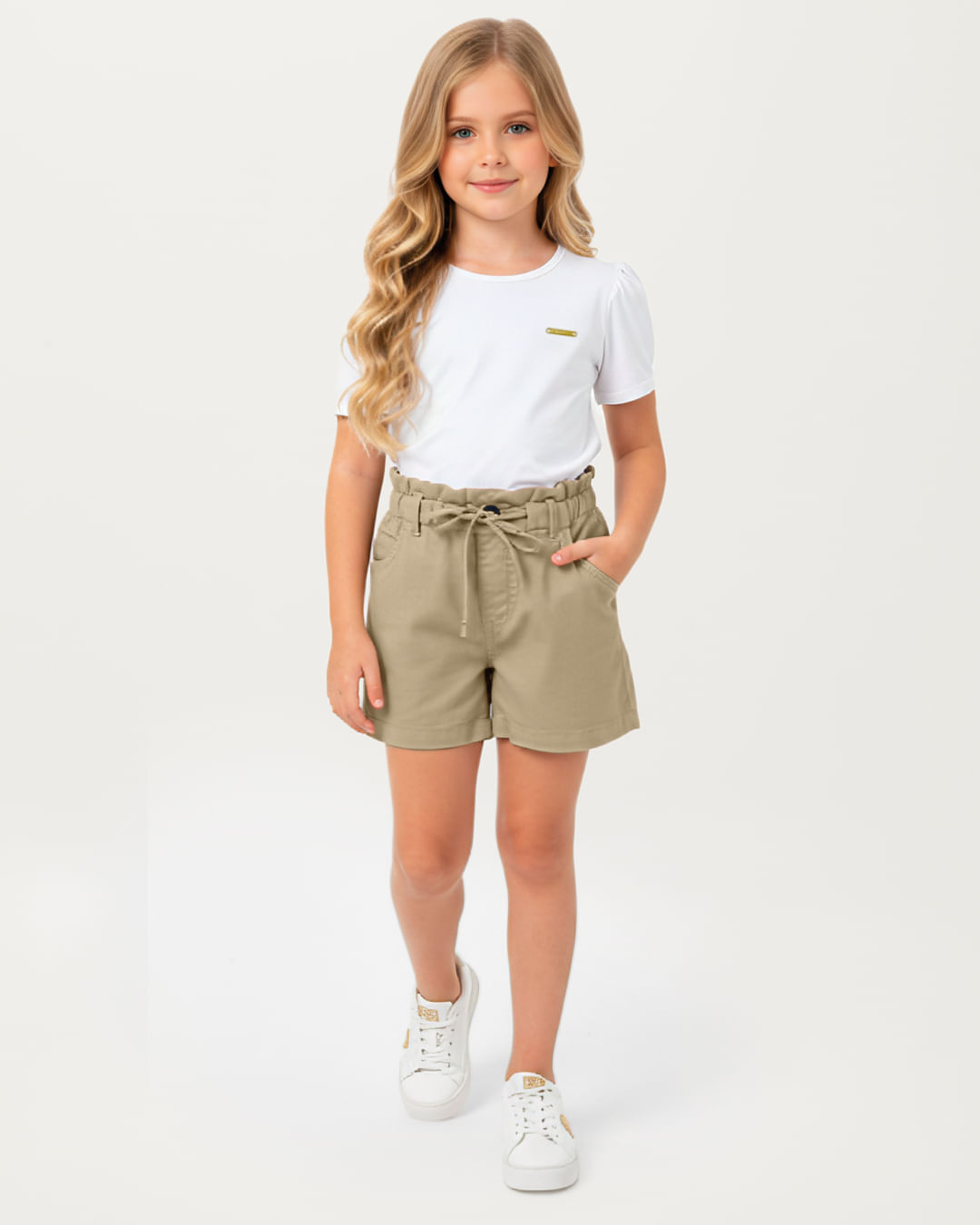 Shorts Menina Clochard Cinto Faixa Amarração Em Sarja Stretch - Carinhoso