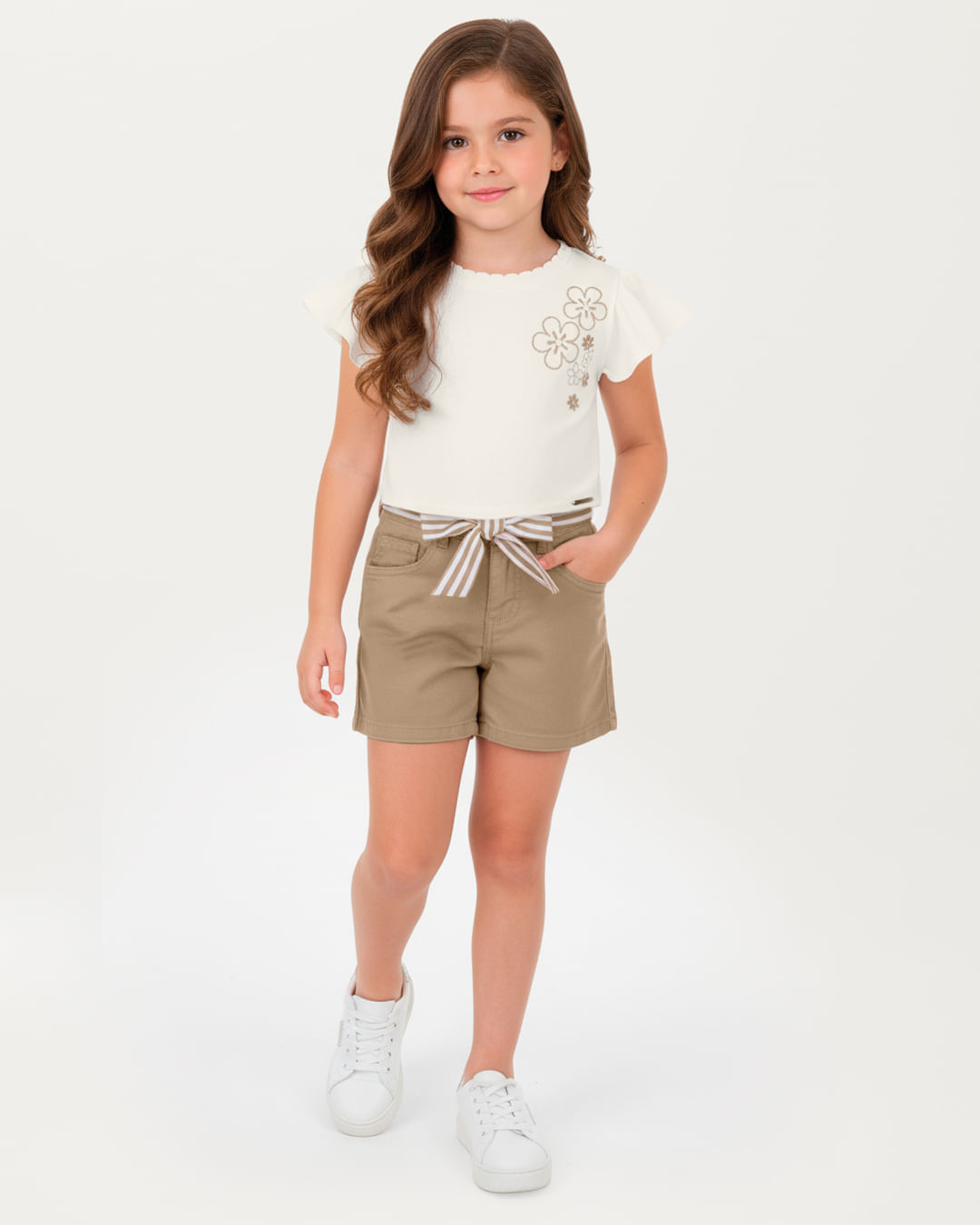 Conjunto Menina Shorts Com Cinto Listrado Em Sarja Stretch - Carinhoso - Off White - 8
