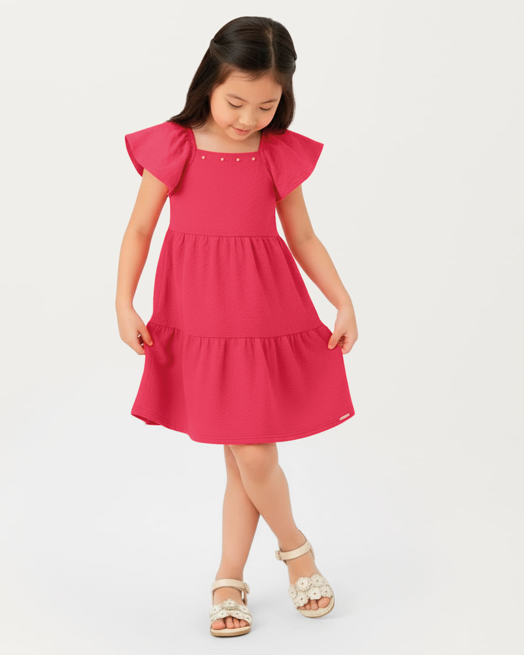 Vestido Menina Detalhe Aplique Pérolas Em Malha Texturizada - Carinhoso - Vermelho - 10