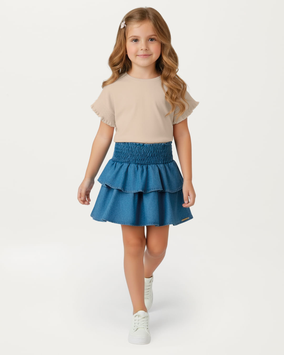 Blusa Menina Manga Curta Detalhe Babado Malha Algodão - Carinhoso - Bege - 16