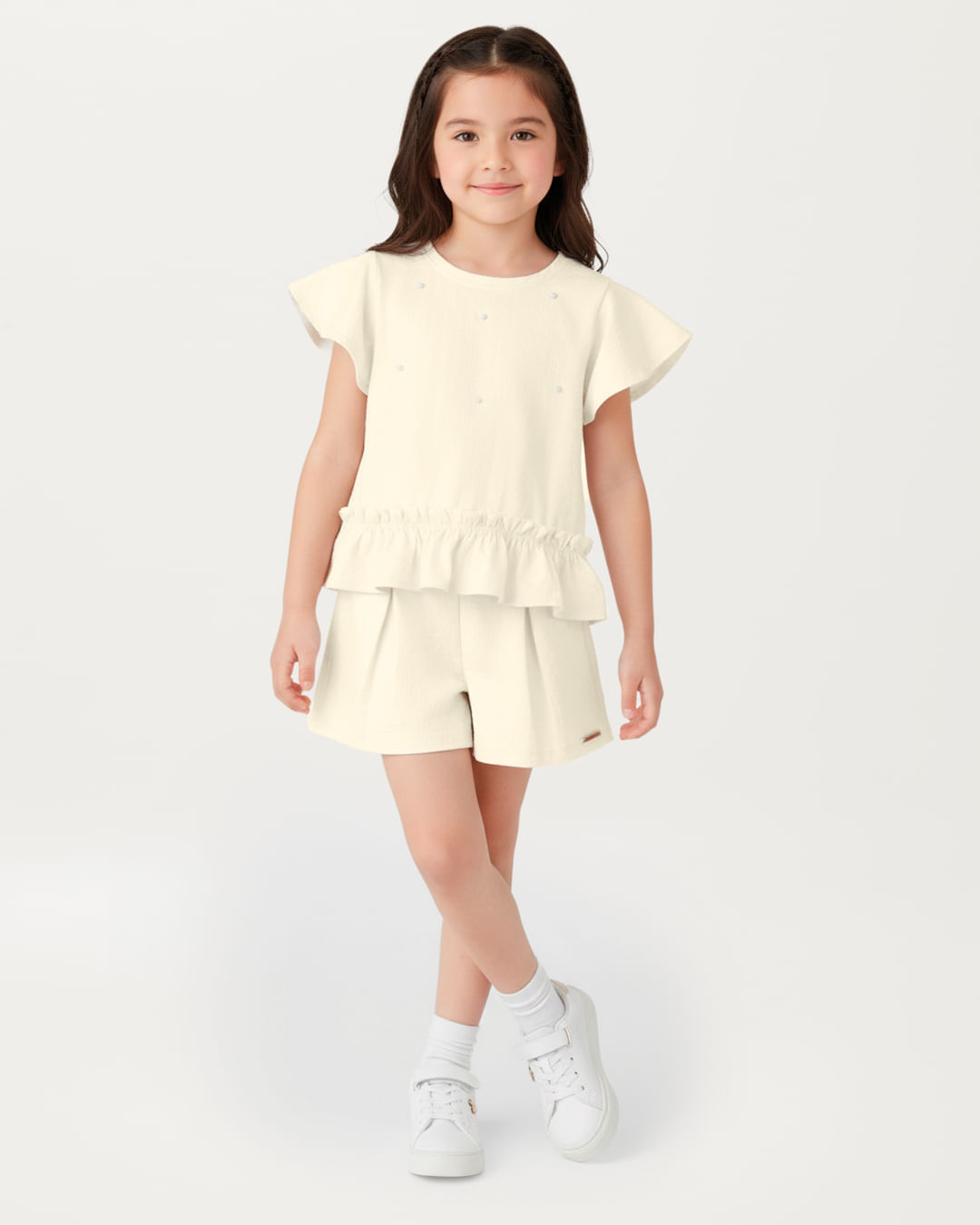 Conjunto Menina Blusa Aplique Pérola E Shorts Malha Texturizada - Carinhoso