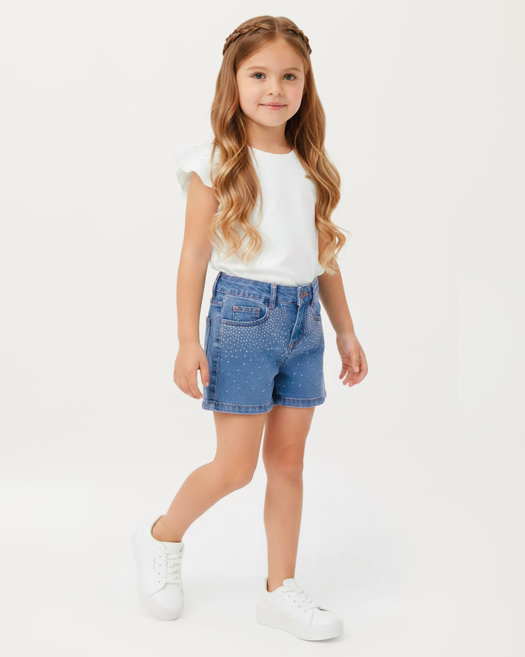 Shorts Menina Cintura Média Aplicação Strass Em Jeans Stretch - Carinhoso