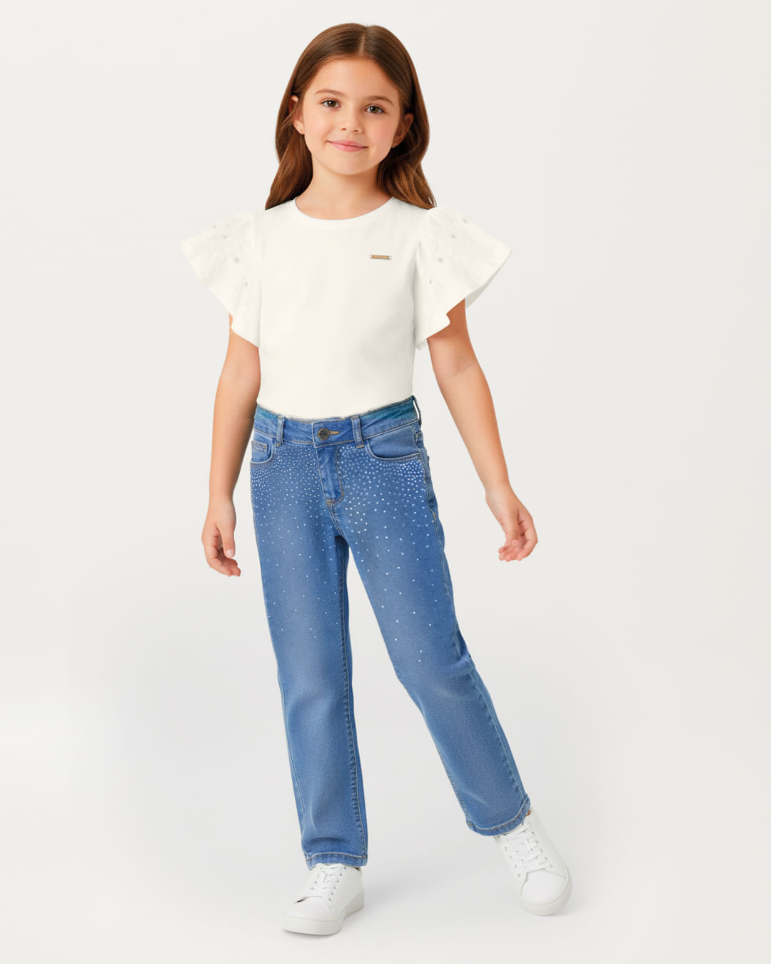 Calça Menina Reta Aplicação Strass Em Jeans Stretch - Carinhoso