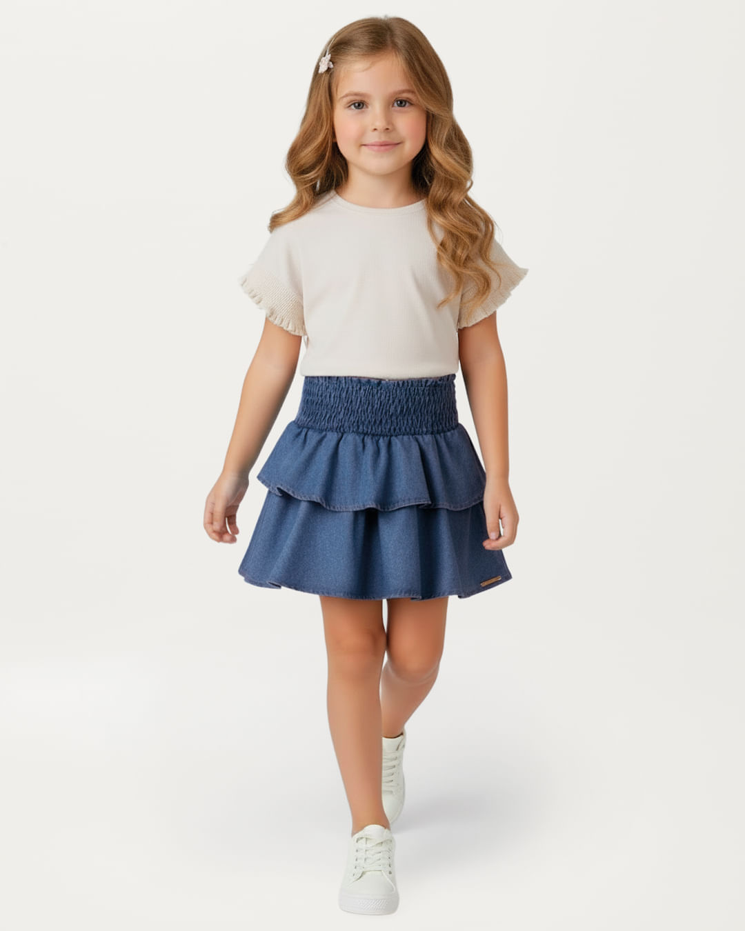 Shorts Saia Menina Babado Duplo Em Jeans 100% Algodão - Carinhoso - Azul - 10