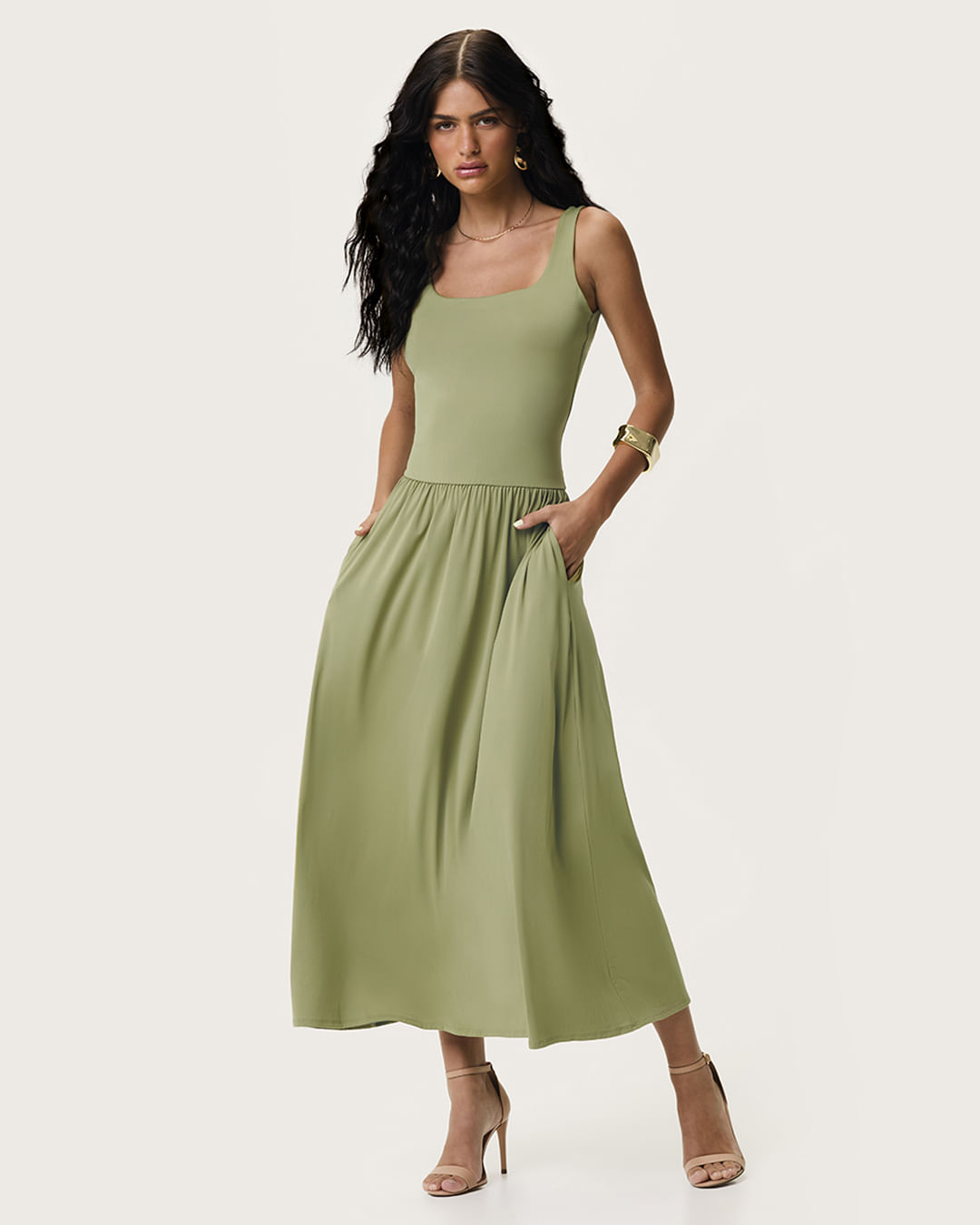 Vestido Midi Feminino Decote Reto Sem Manga Malha Poliamida - ENFIM