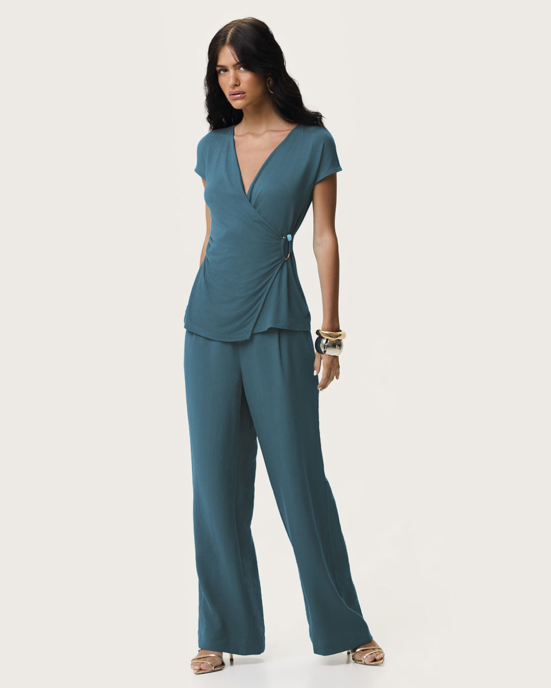 Blusa Feminina Transpassada Detalhe Argola Com Pedra Viscose Stretch - ENFIM - Azul - P