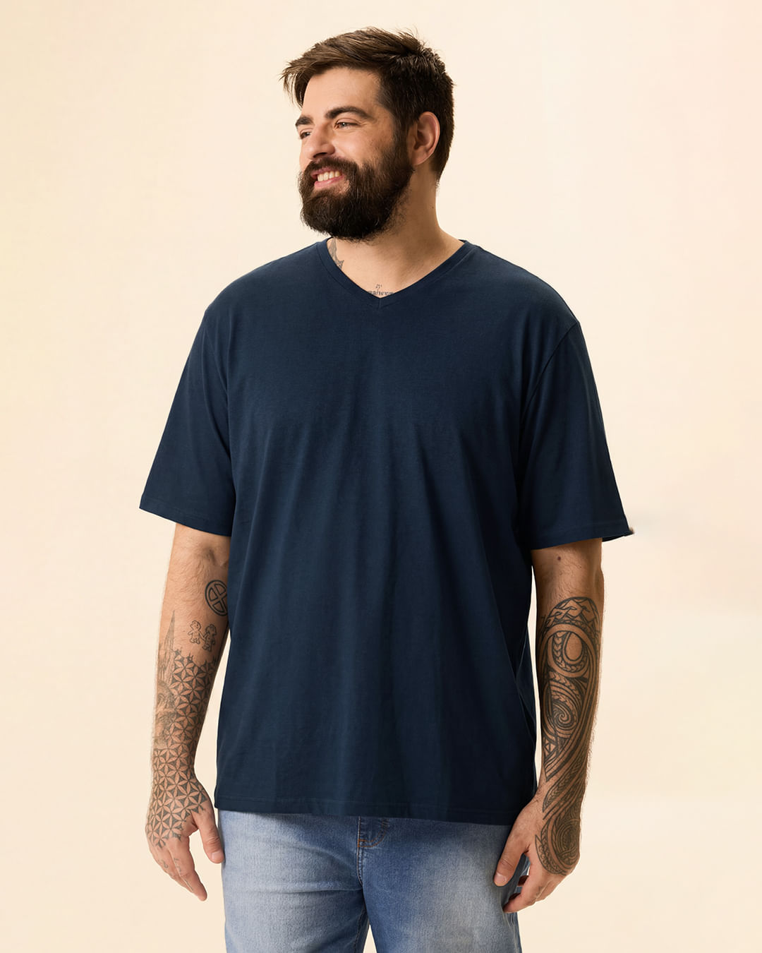 Camiseta Básica Masculina Plus Size Decote V Manga Curta Em Algodão - Azul - G3