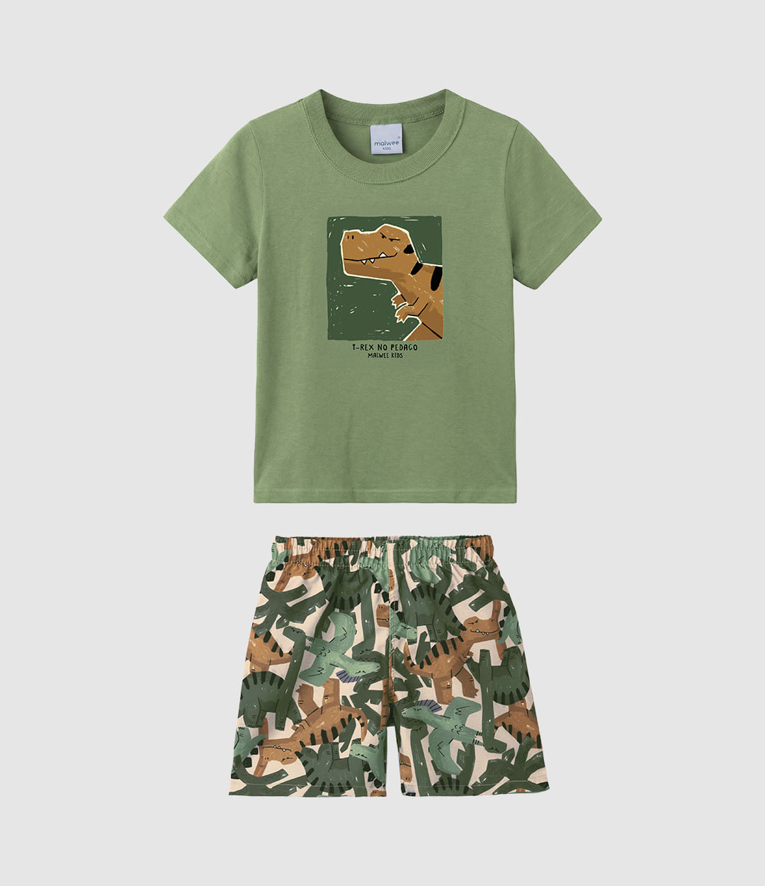 Conjunto Infantil Menino Camiseta E Bermuda T-Rex No Pedaço Malwee Kids - Verde - 6