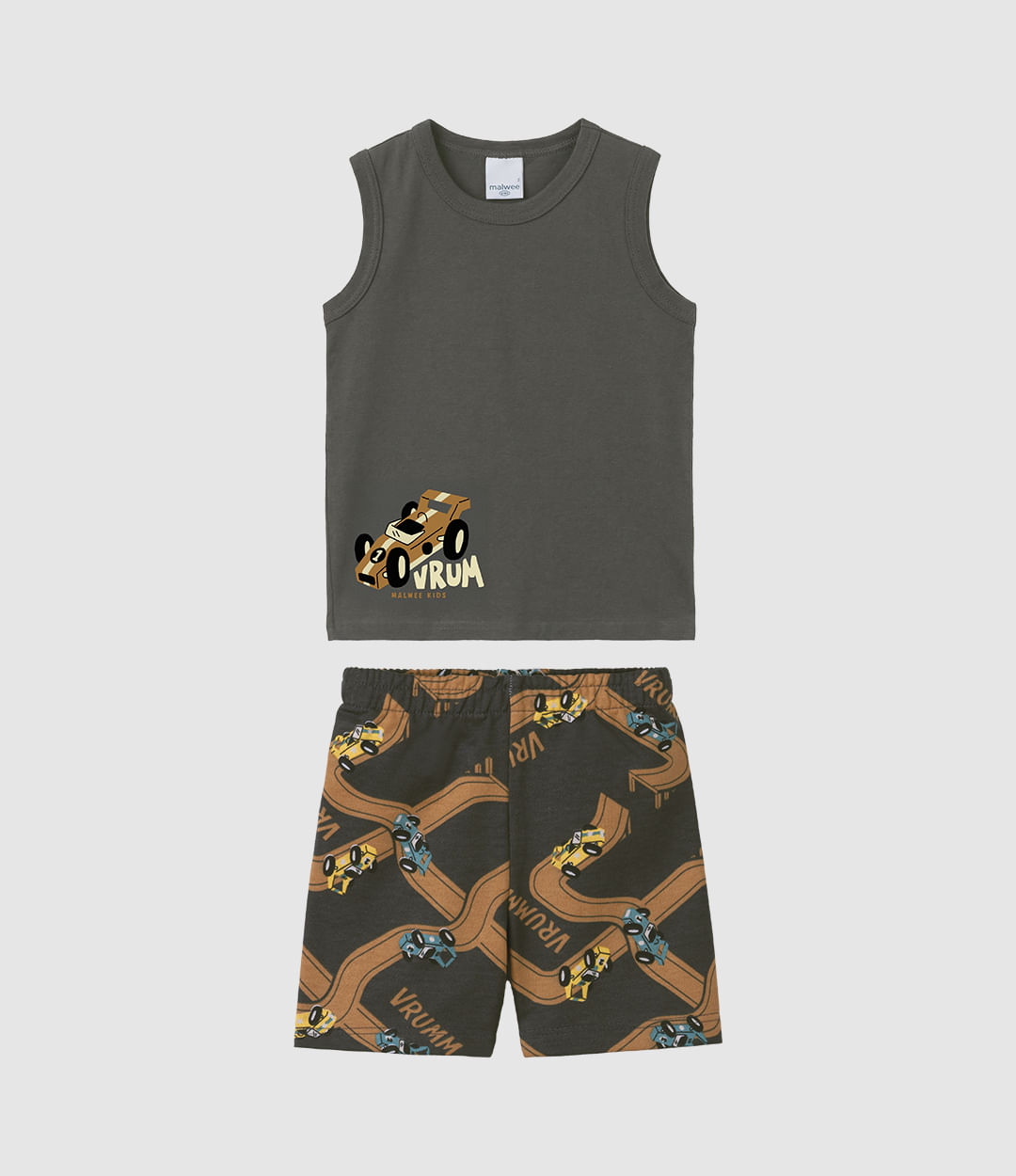 Conjunto Infantil Menino Regata Carro Vrum Em Algodão Malwee Kids - Cinza - 8