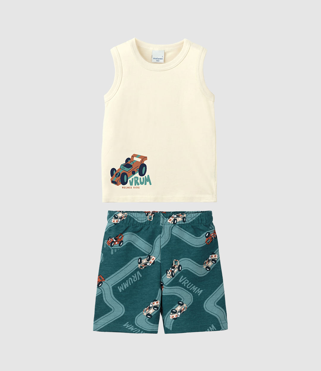 Conjunto Infantil Menino Regata Carro Vrum Em Algodão Malwee Kids - Off White - 8