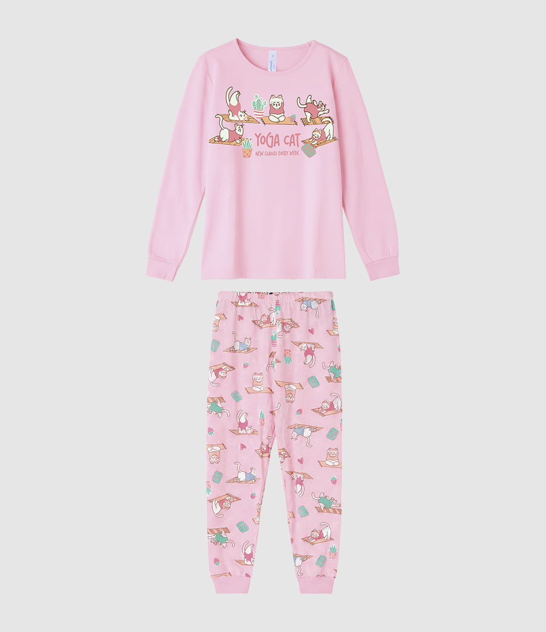 Pijama Longo Infantil Menina Yoga Cats Brilha No Escuro Malwee Kids - Rosa - 12