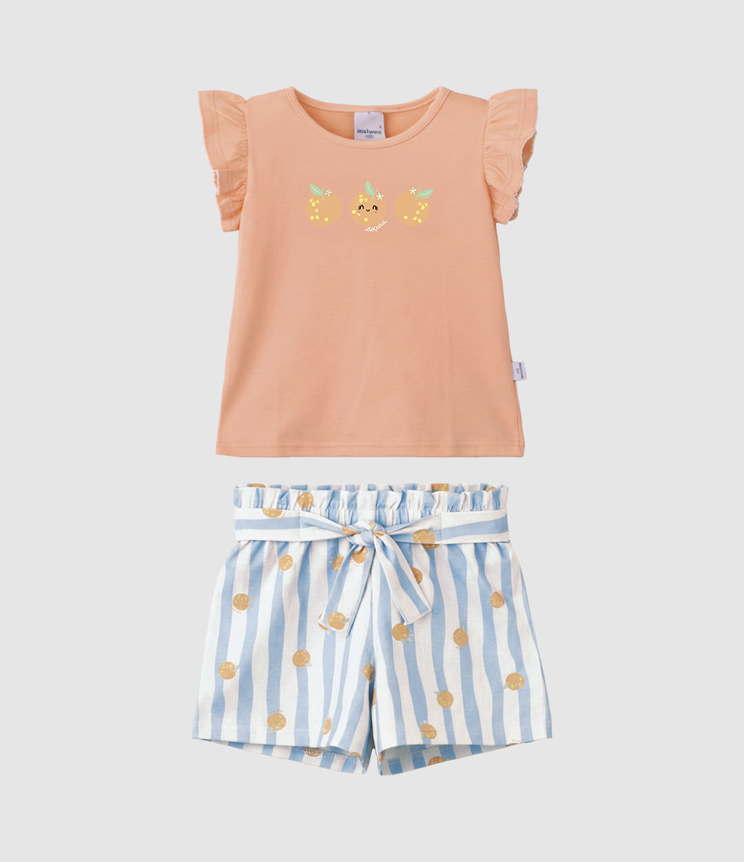 Conjunto Infantil Menina Shorts Listrado Laço Decorativo Em Algodão Malwee Kids - Laranja - 8