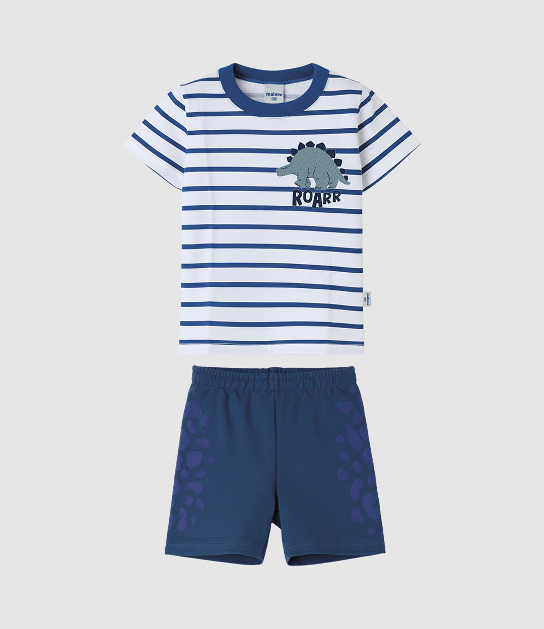 Conjunto Infantil Menino Camiseta Listrada Dino e Bermuda Pegadas Malwee Kids - Azul - 8