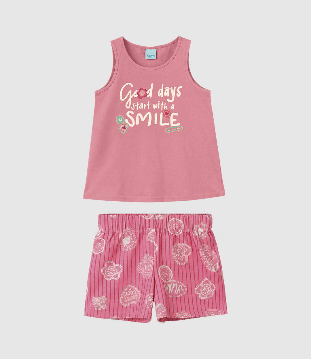 Conjunto Infantil Menina Regata E Shorts Estampado Em Algodão Malwee Kids - Rosa - 8